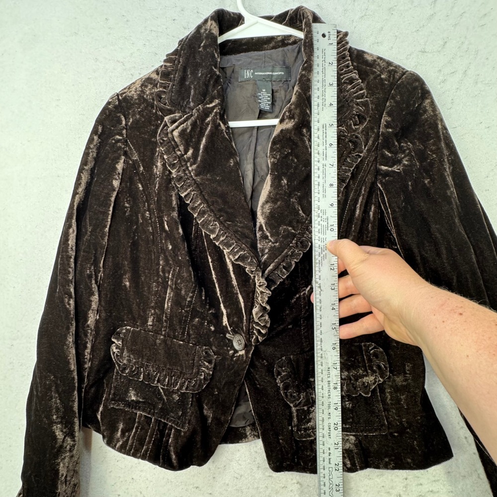 INC Velvet Blazer Womens Medium Brown Ruffle Trim Victorian Goth Jacket - Picture 4 of 13